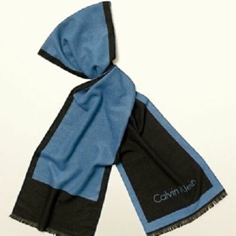 NWT Calvin klein Men's Contrasting Border Logo Scarf BLUE & BLACK 4501 480 CO